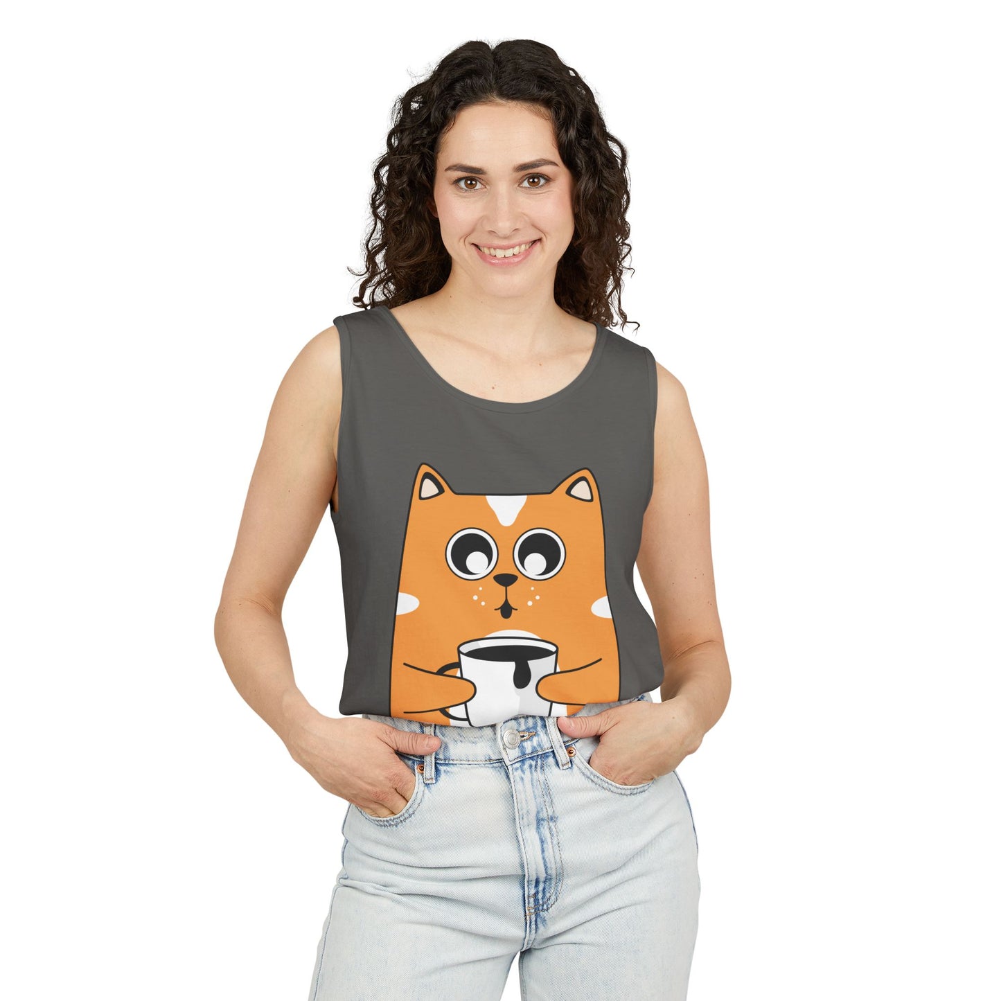 Cute Cat Coffee Unisex Tank Top, Summer Tee, Gift for Cat Lovers, Casual Wear, Funny Animal Shirt