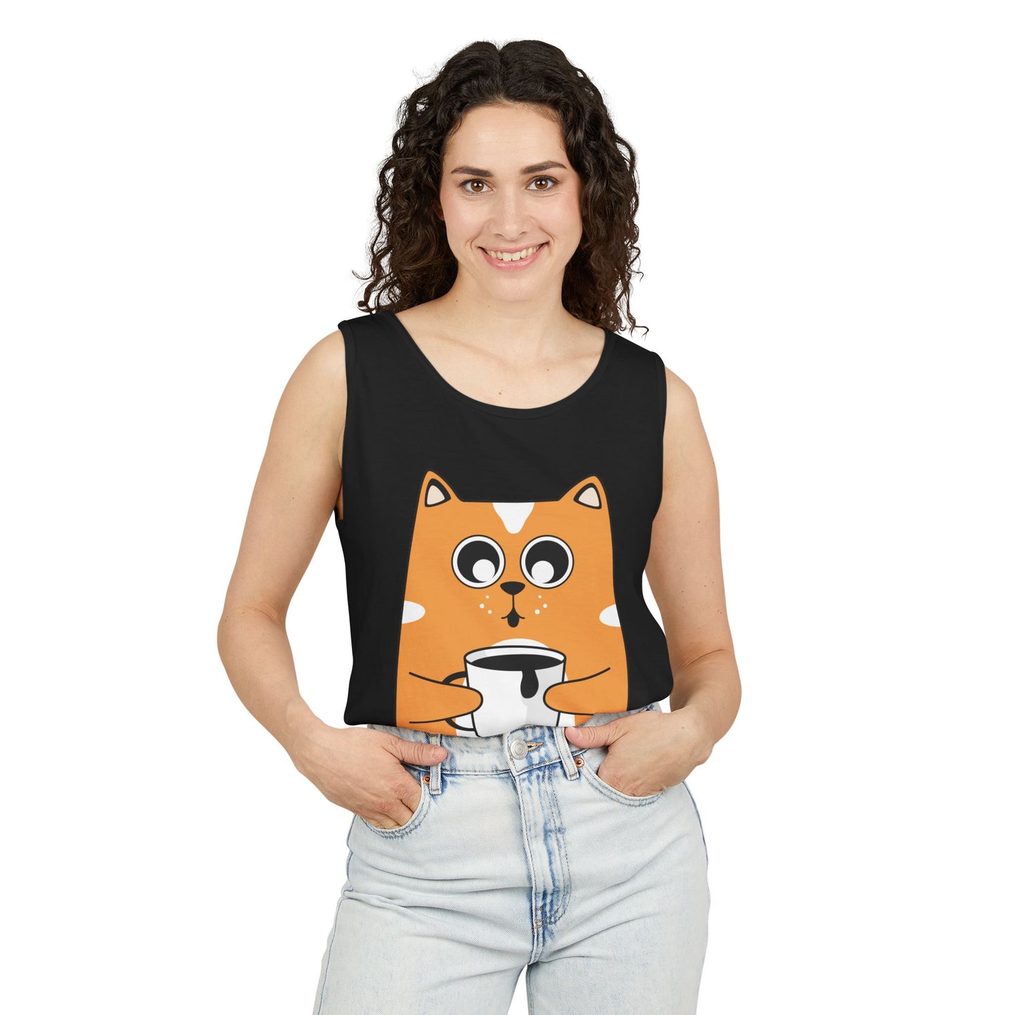 Cute Cat Coffee Unisex Tank Top, Summer Tee, Gift for Cat Lovers, Casual Wear, Funny Animal Shirt