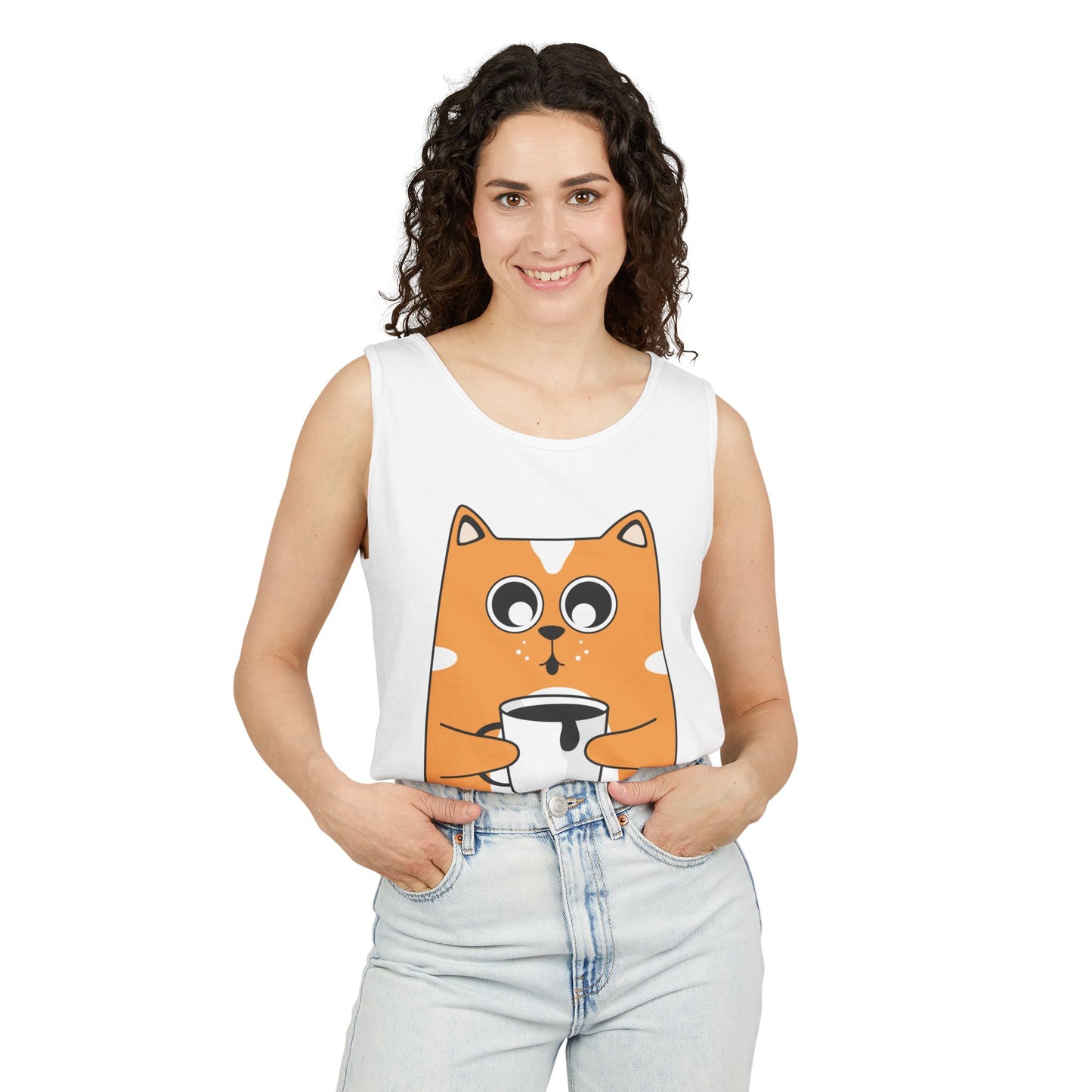 Cute Cat Coffee Unisex Tank Top, Summer Tee, Gift for Cat Lovers, Casual Wear, Funny Animal Shirt