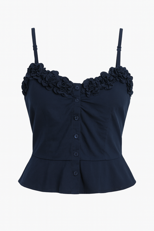 Navy Blue Floral Appliqué Spaghetti Strap Top