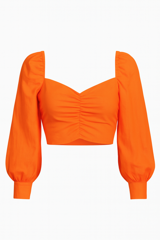 Bold Orange Ruched Balloon Sleeve Crop Top