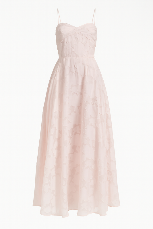 Blush Pink Floral Lace Maxi Gown with Spaghetti Straps
