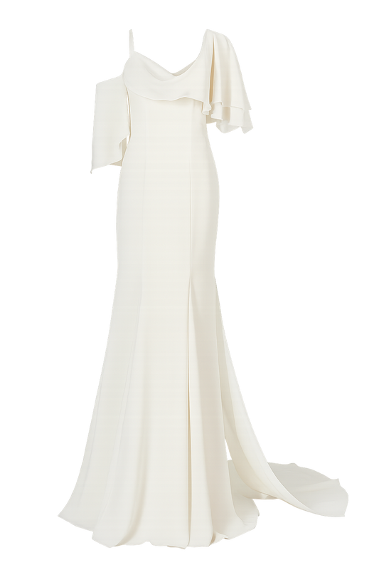 REN Ivory Silk Evening Gown with Cold Shoulder Drape