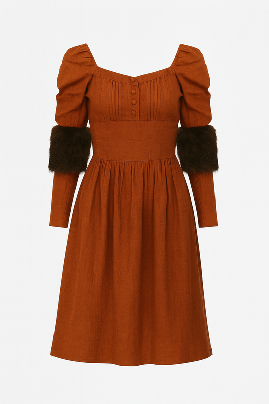 Rust-Colored Renaissance Long Sleeve Gown with Faux Fur Cuffs