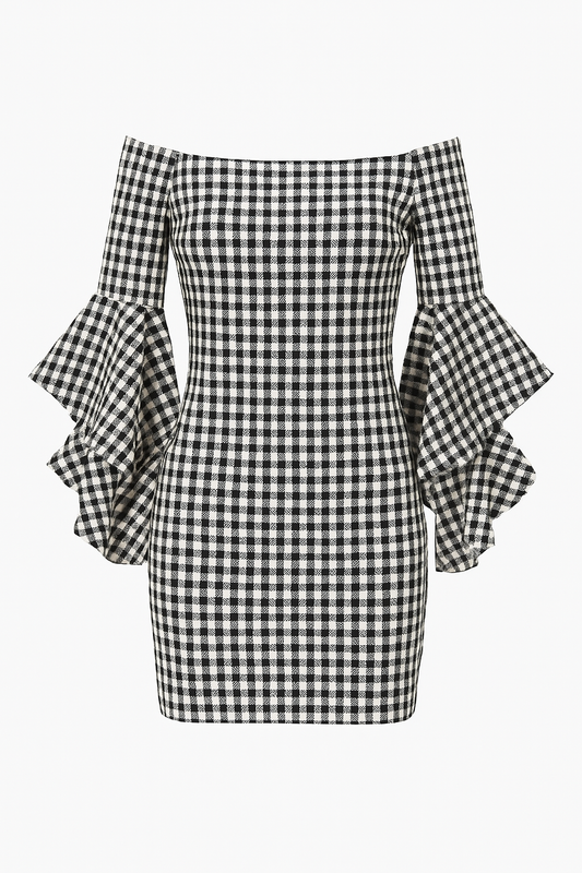 Off-Shoulder Gingham Bell Sleeve Mini Dress