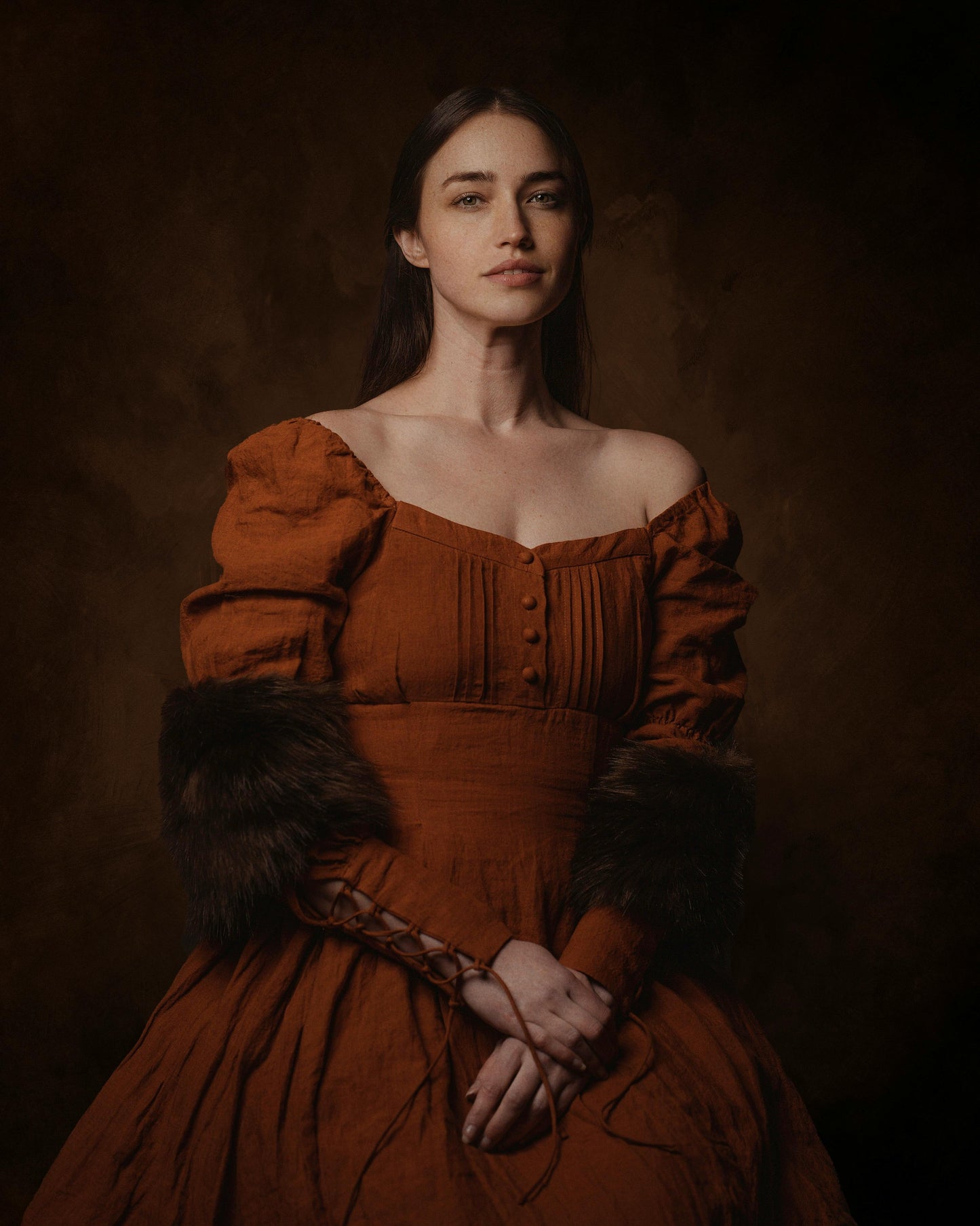Rust-Colored Renaissance Long Sleeve Gown with Faux Fur Cuffs