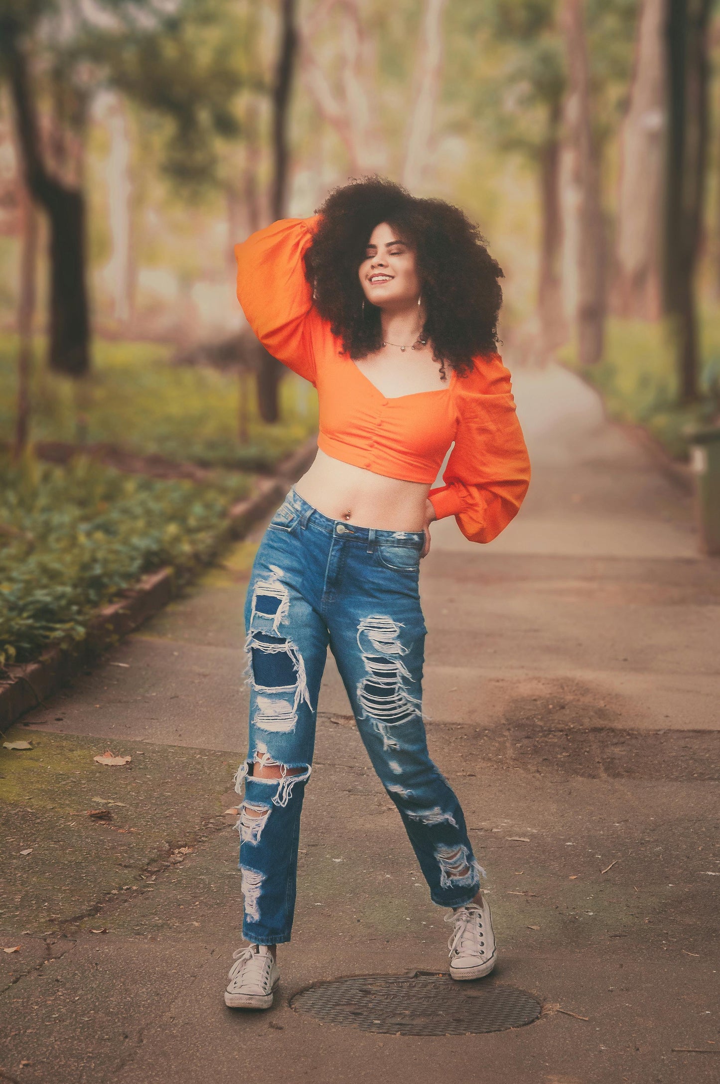 Bold Orange Ruched Balloon Sleeve Crop Top