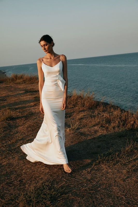 Ivory Satin Evening Gown with Side Bow