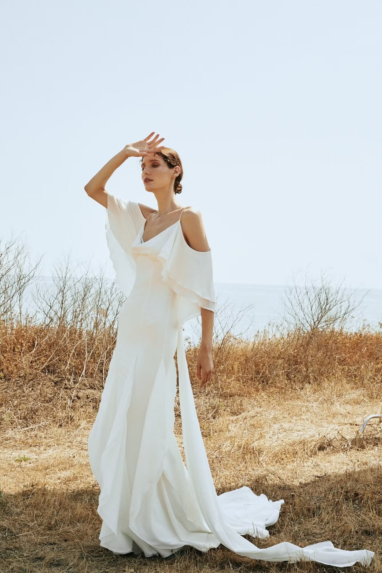 REN Ivory Silk Evening Gown with Cold Shoulder Drape