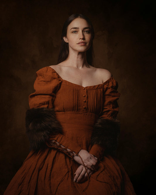 Rust-Colored Renaissance Long Sleeve Gown with Faux Fur Cuffs