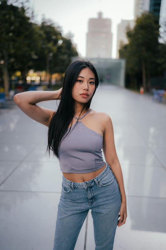 Lavender Ribbed One-Shoulder Crop Top